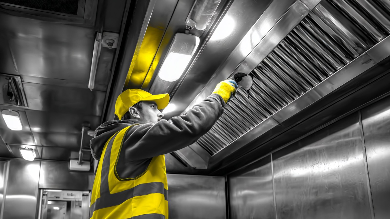 Commercial kitchen technician servicing exhaust canopy — CHS Facility Services Adelaide