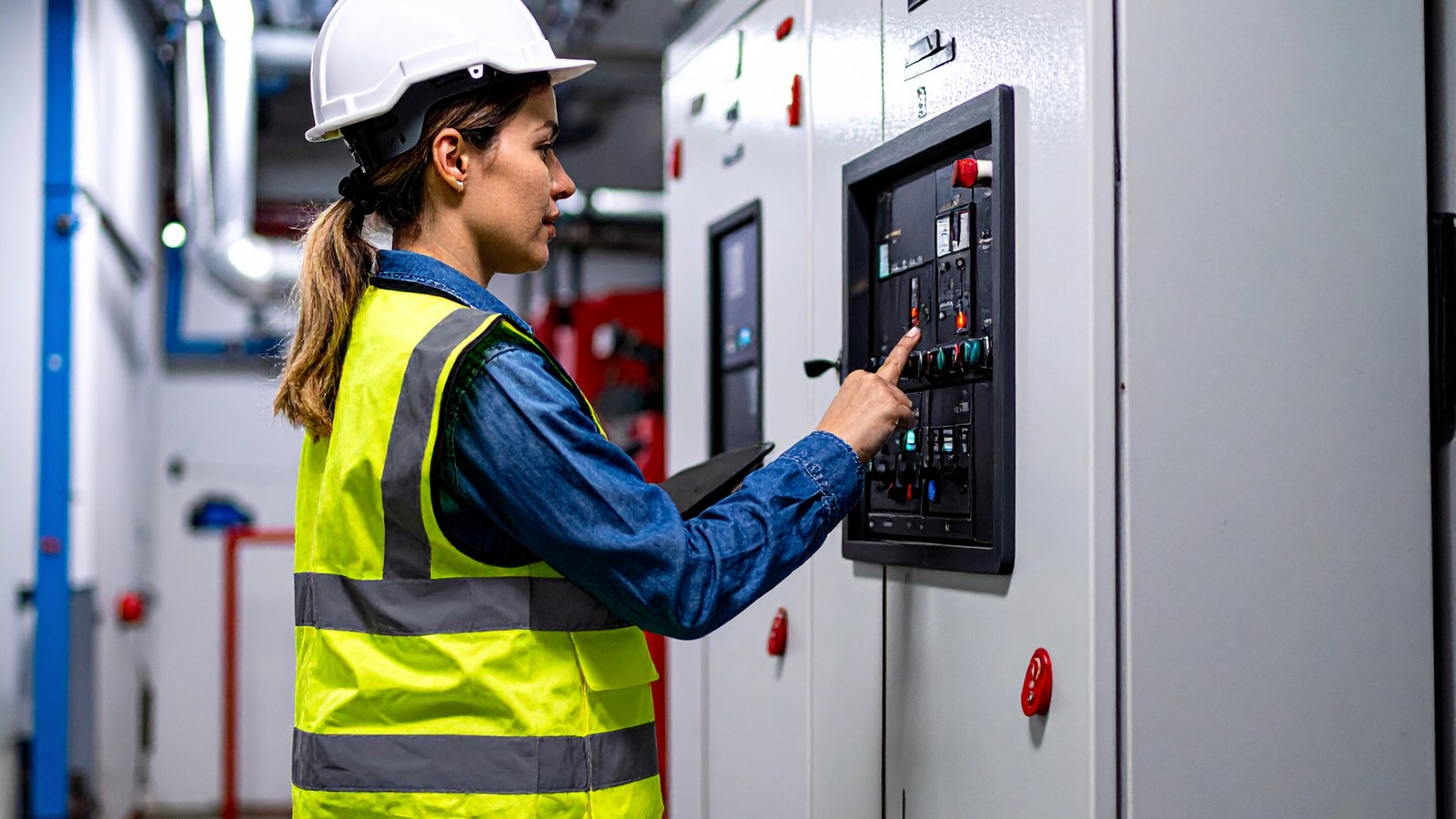 Fire protection technician inspecting commercial fire panel — CHS Facility Services Adelaide
