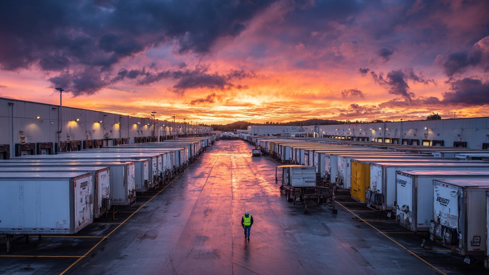 Logistics facility manager walking vast truck depot at dusk — Adelaide