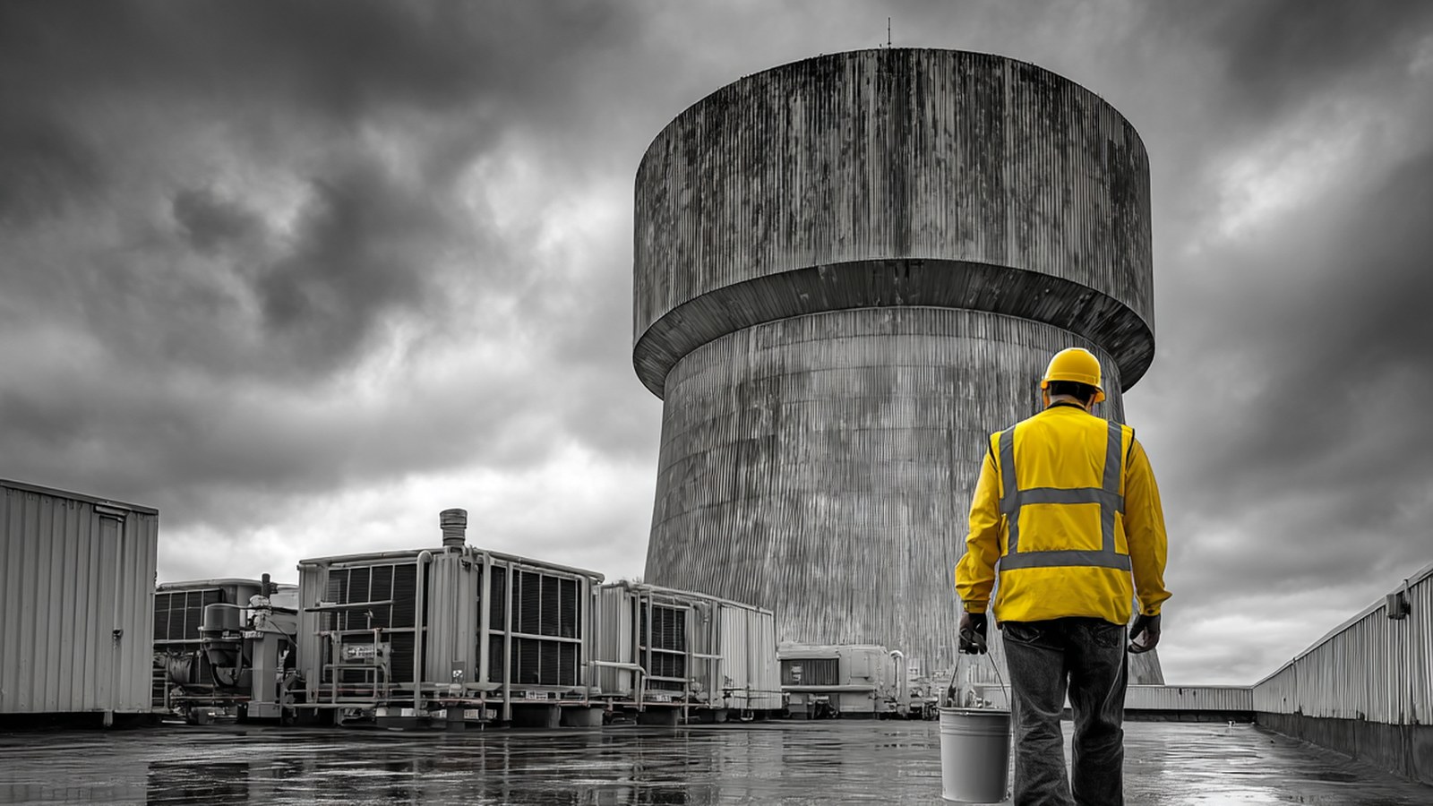 Water treatment technician inspecting cooling tower rooftop — CHS Facility Services Adelaide